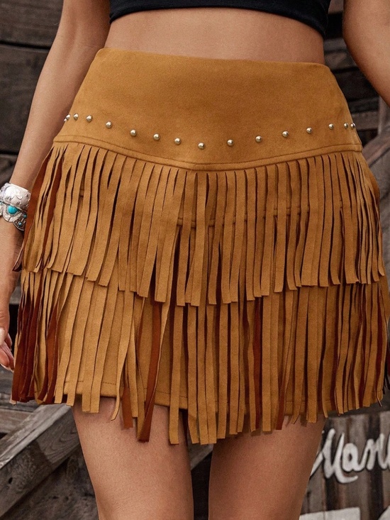Dresses & Skirts - Western Vegan Suede Studded Tassel Detail Skirt